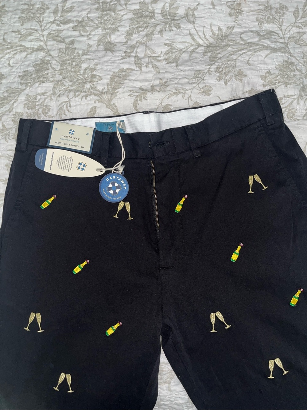 Castaway Black Shorts with Champagne Bottle & Flute Embroidery